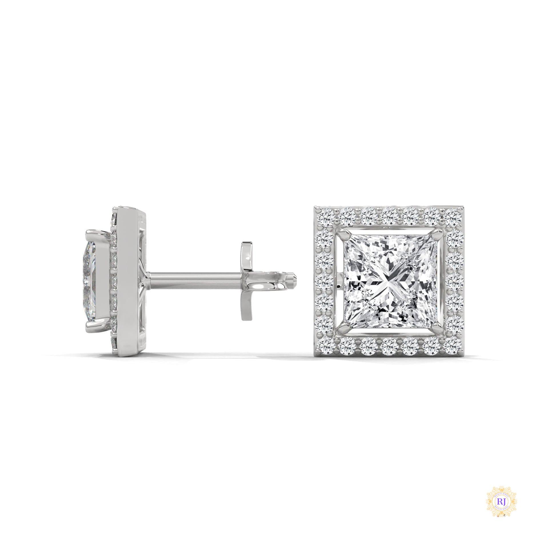 1.30 CT. Princess-Cut Diamond Halo Stud Earrings