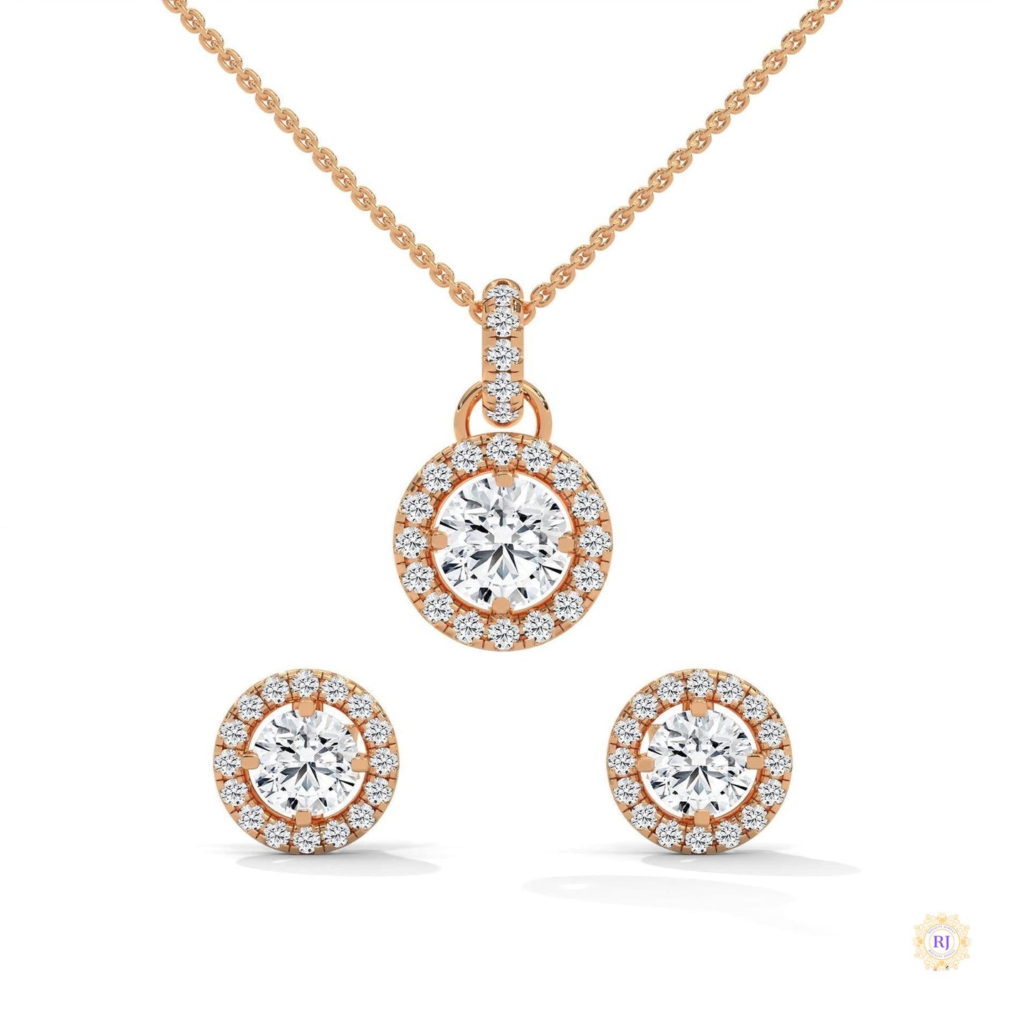 1.40 CT. Halo Diamond Pendant & Studs Set