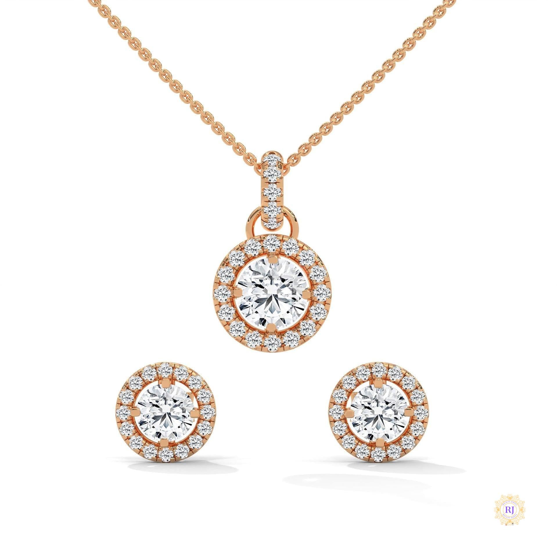 1.40 CT. Halo Diamond Pendant & Studs Set