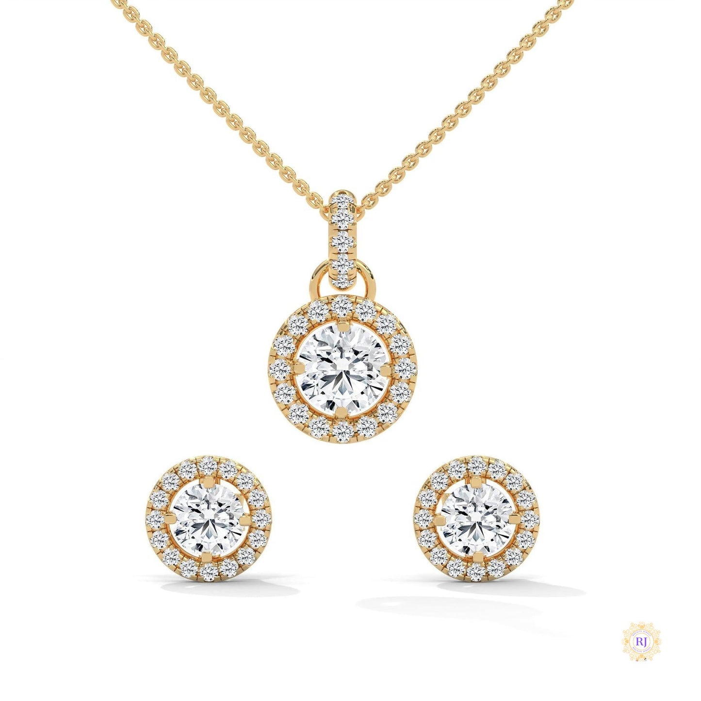 1.40 CT. Halo Diamond Pendant & Studs Set