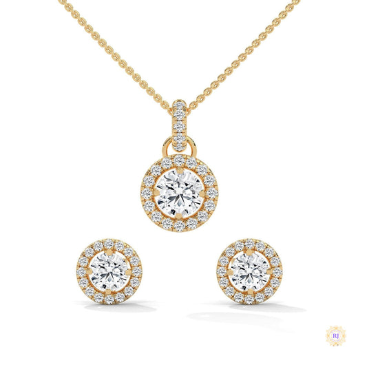 1.40 CT. Halo Diamond Pendant & Studs Set