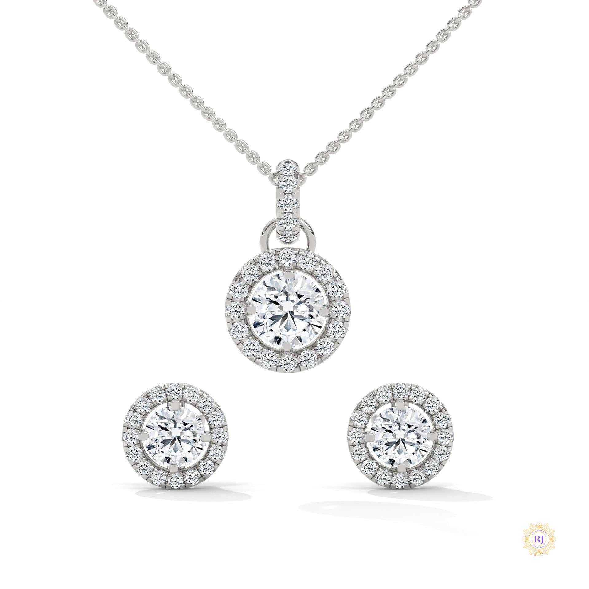 1.40 CT. Halo Diamond Pendant & Studs Set
