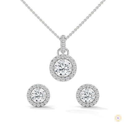 1.40 CT. Halo Diamond Pendant & Studs Set