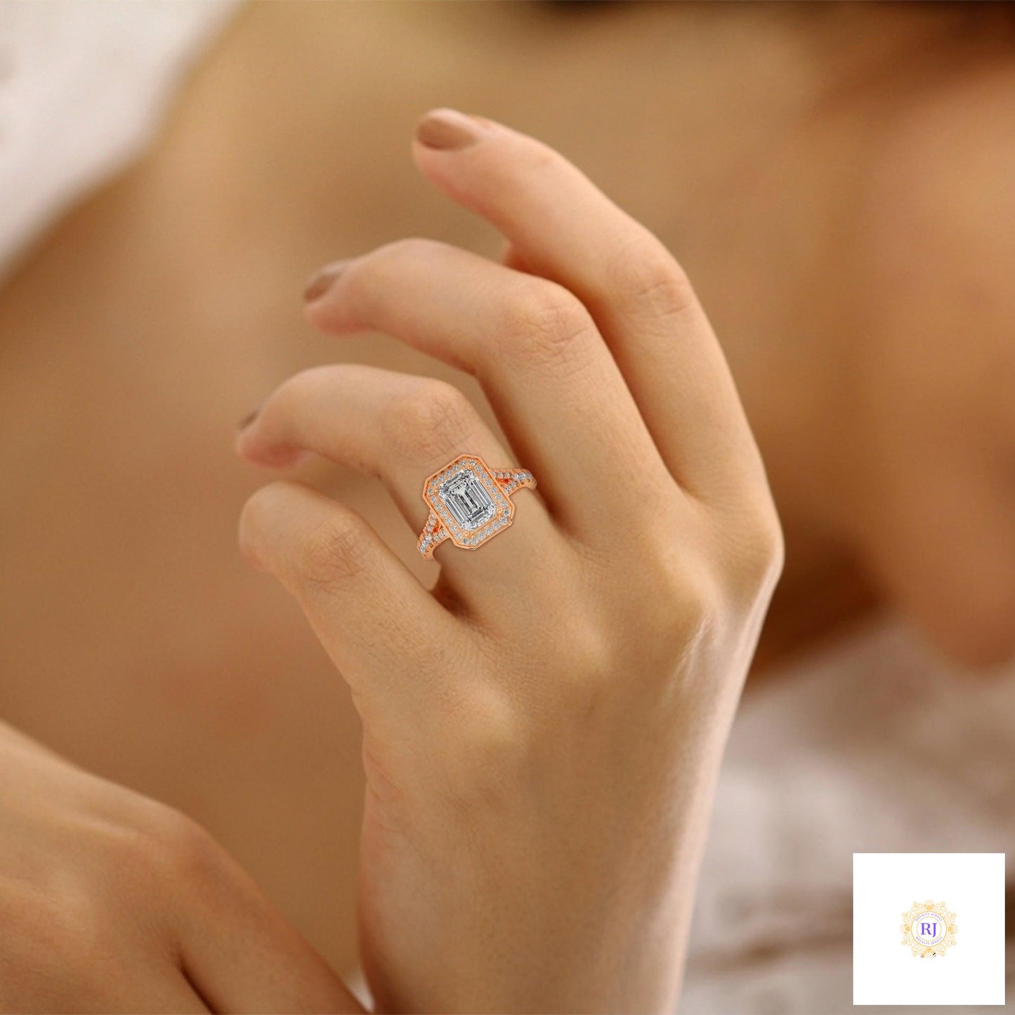 1.60 Ct. Emerald-Cut Halo Lab Diamond Engagement Ring