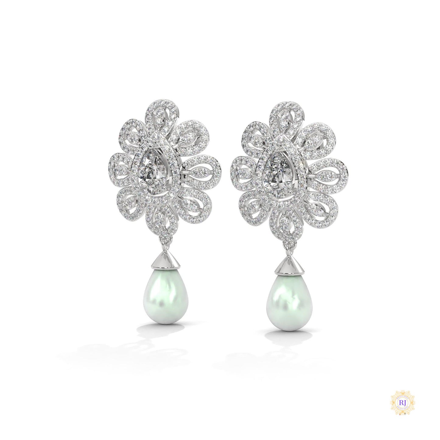 1.70 CT. Diamond & Pearl Teardrop Earrings