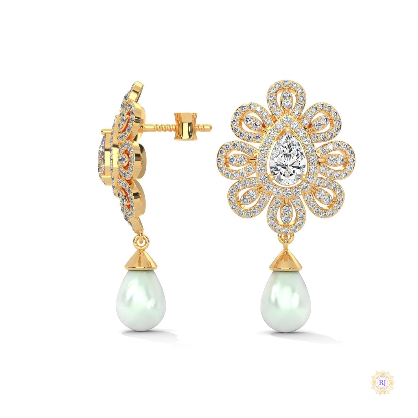 1.70 CT. Diamond & Pearl Teardrop Earrings