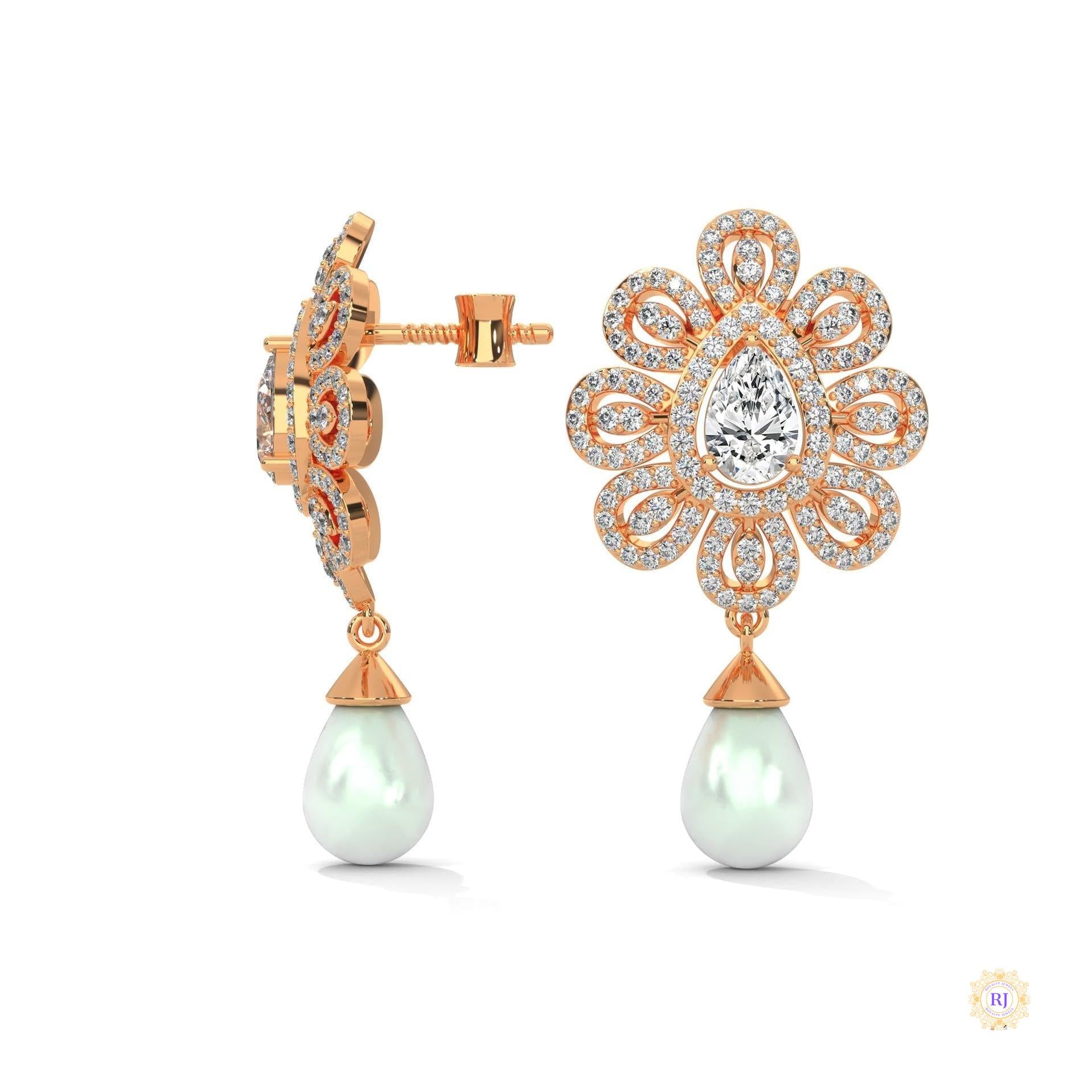 1.70 CT. Diamond & Pearl Teardrop Earrings