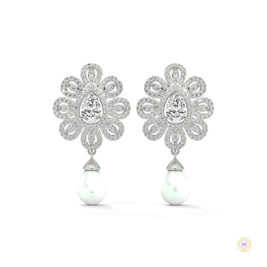 1.70 CT. Diamond & Pearl Teardrop Earrings