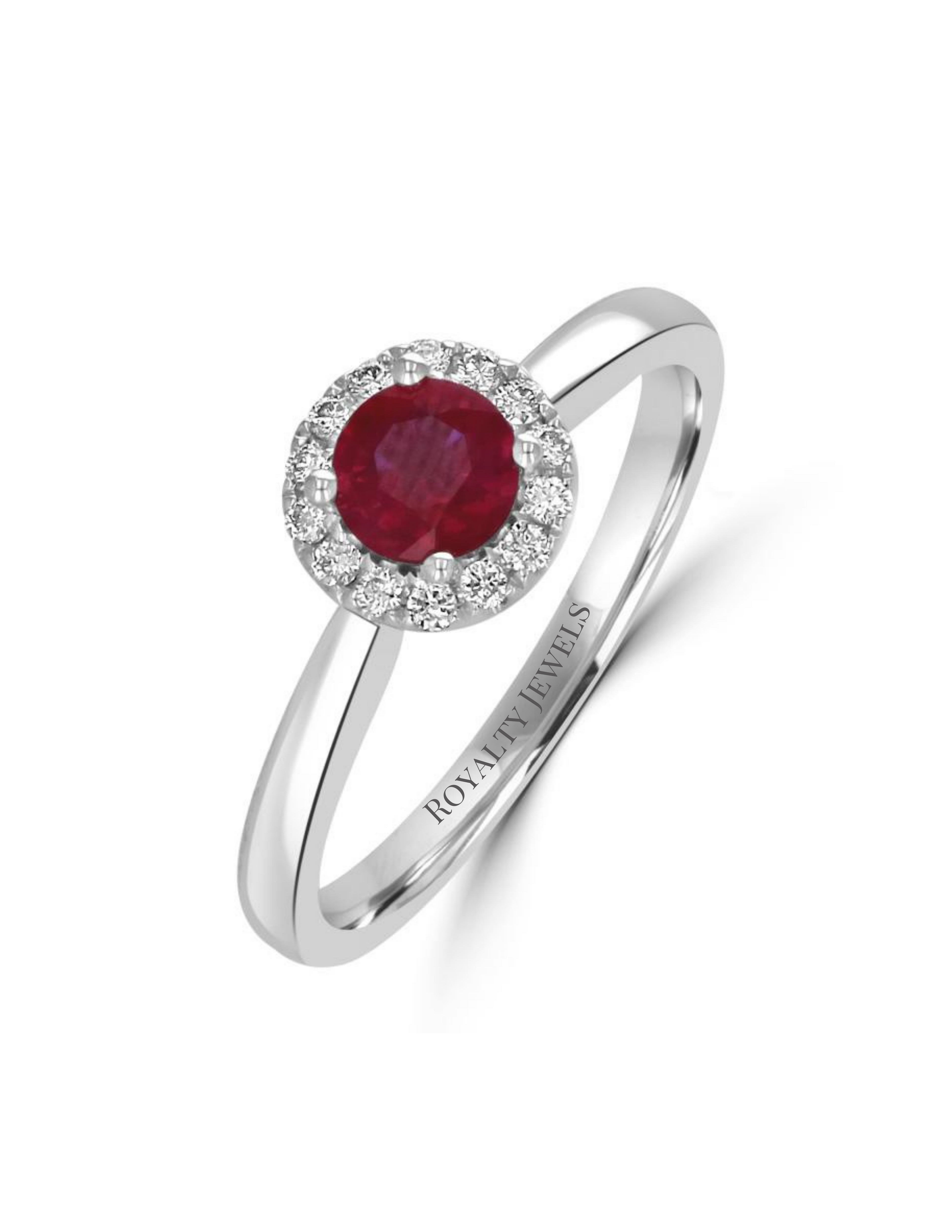 round ruby halo ring in 14K white gold with diamond accents