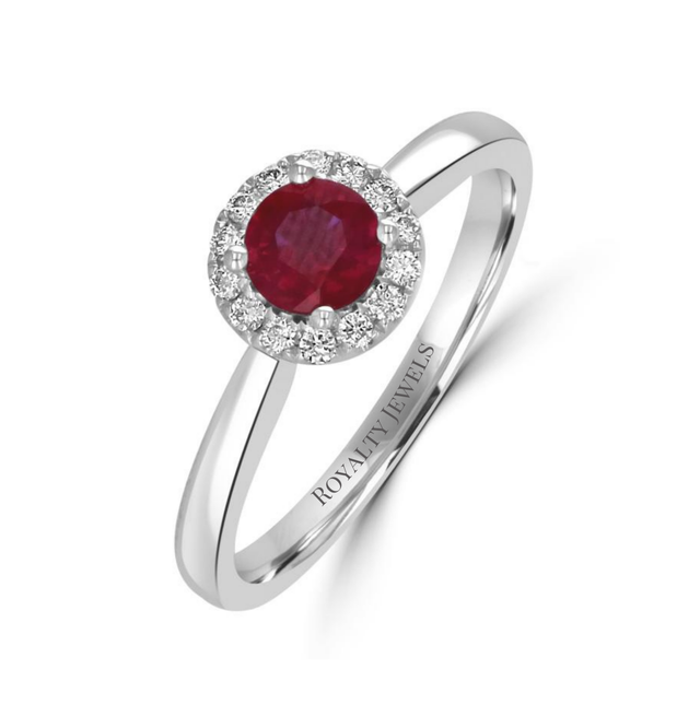 round ruby halo ring in 14K white gold with diamond accents