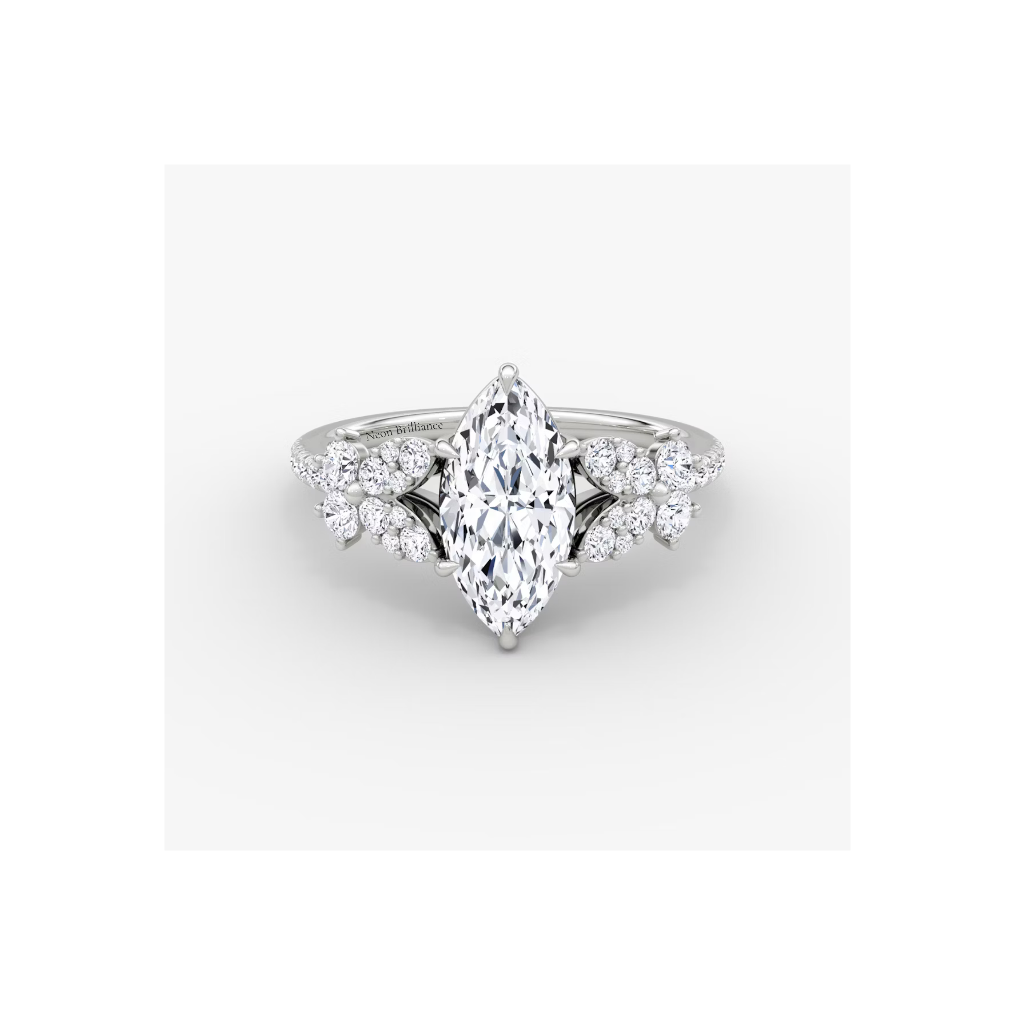 Elegant 14K gold diamond ring with a stunning marquise-cut center stone, surrounded by pavé-set accent diamonds in a timeless and luxurious design.