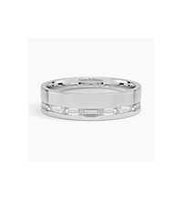 Men’s 14K gold eternity band with channel-set baguette diamonds. A modern and sophisticated wedding or anniversary ring with a timeless luxury appeal.
