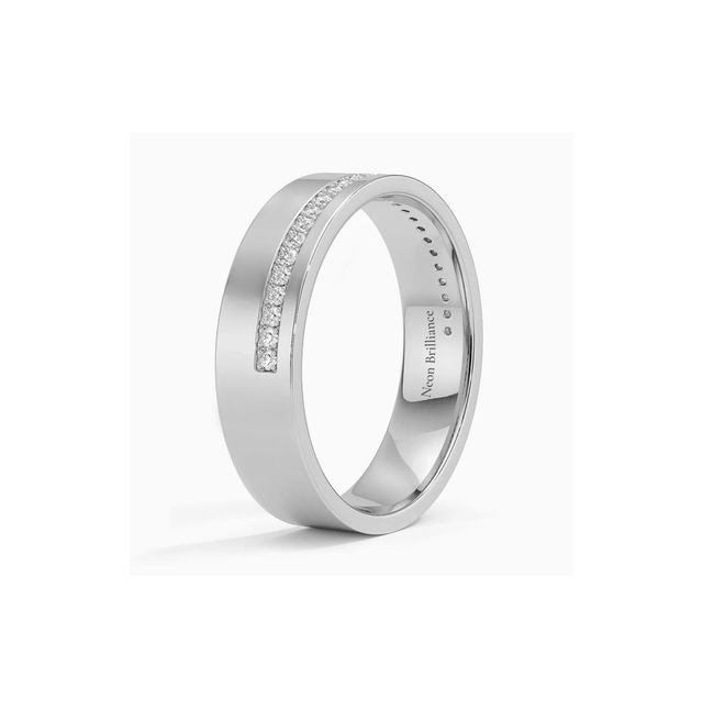 Men’s 14K gold diamond wedding band with a sleek channel-set row of lab-grown diamonds, offering a modern, luxurious, and timeless look.