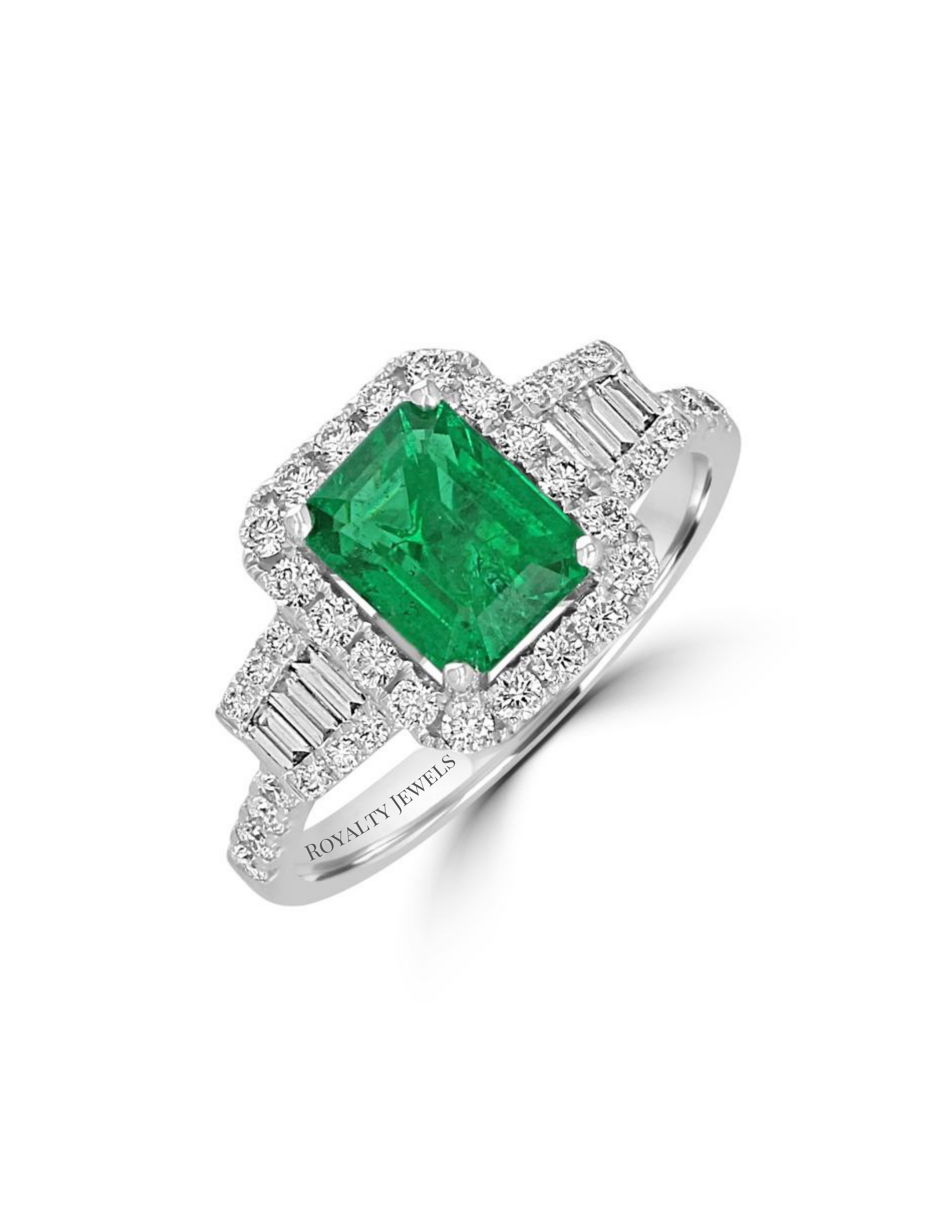 14K gold emerald cut emerald ring with round and baguette diamond halo setting