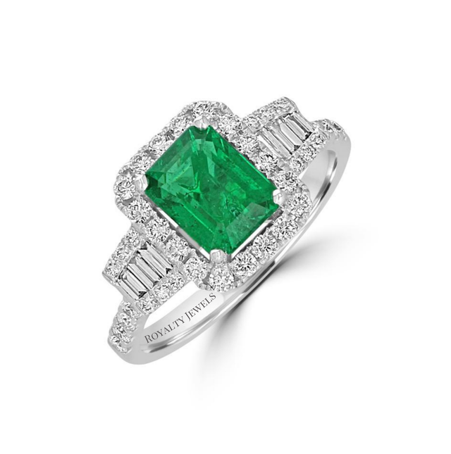 14K gold emerald cut emerald ring with round and baguette diamond halo setting