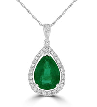 14K gold pear emerald halo pendant with diamond accents