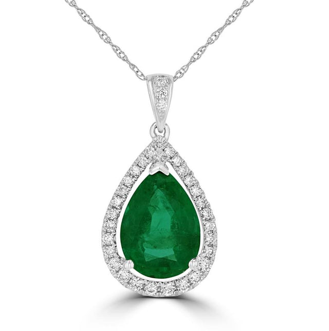 14K gold pear emerald halo pendant with diamond accents