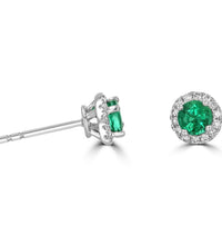 Round emerald halo diamond stud earrings set in 14K white gold

