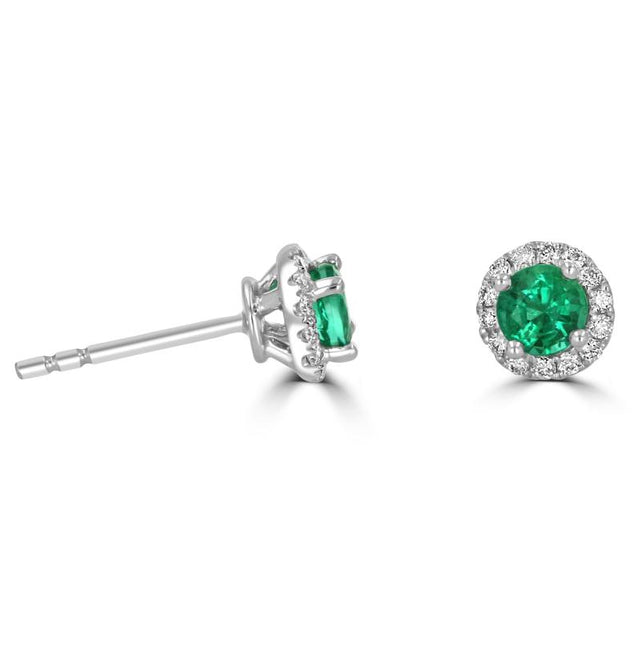 Round emerald halo diamond stud earrings set in 14K white gold

