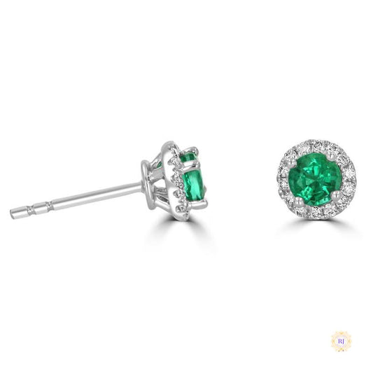 Round Emerald Halo Diamond Stud Earrings