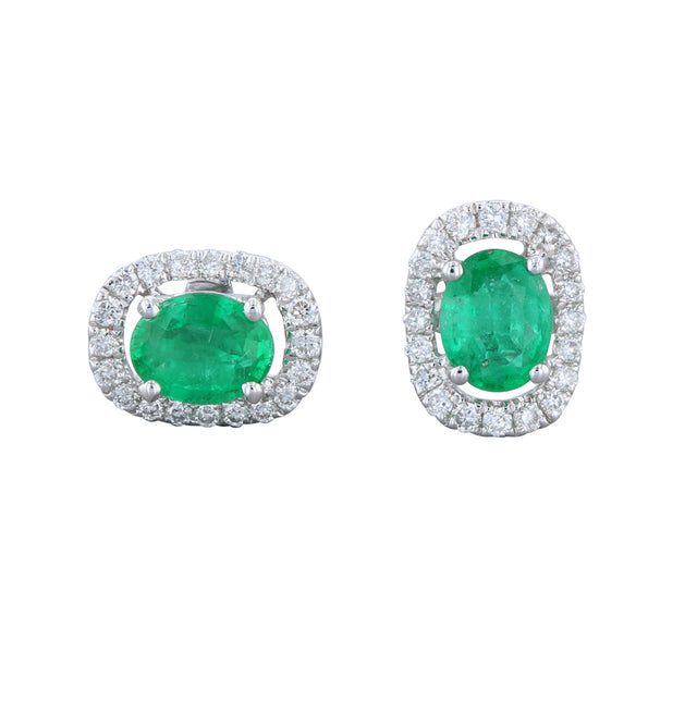 Pair of 14K gold oval emerald earrings with diamond halo

