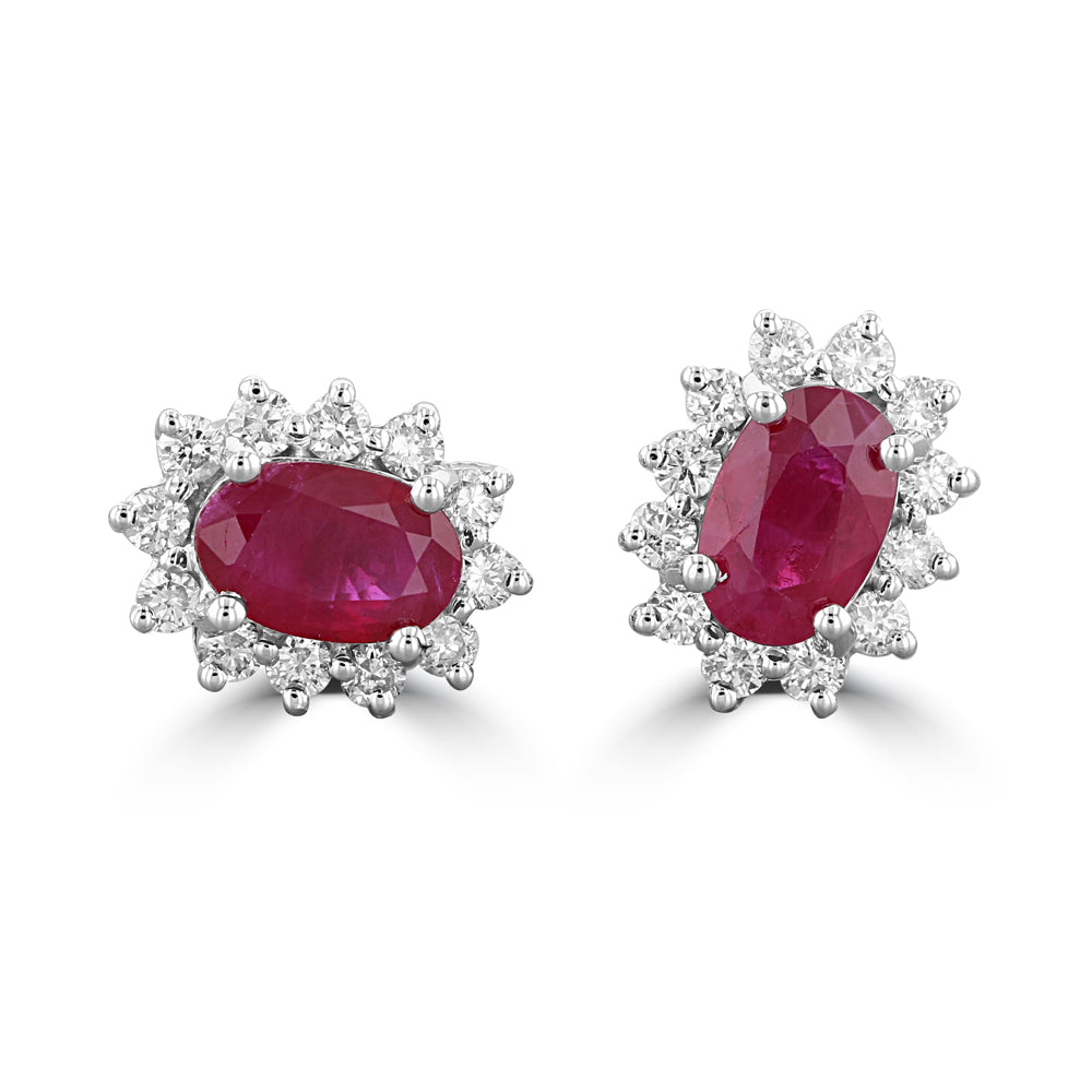 14K gold oval ruby and diamond halo stud earrings for women – luxury fine jewelry in white gold with vintage floral design