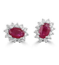 14K gold oval ruby and diamond halo stud earrings for women – luxury fine jewelry in white gold with vintage floral design
