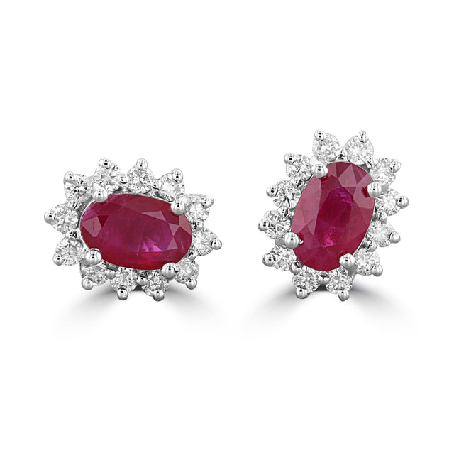 14K gold oval ruby and diamond halo stud earrings for women – luxury fine jewelry in white gold with vintage floral design