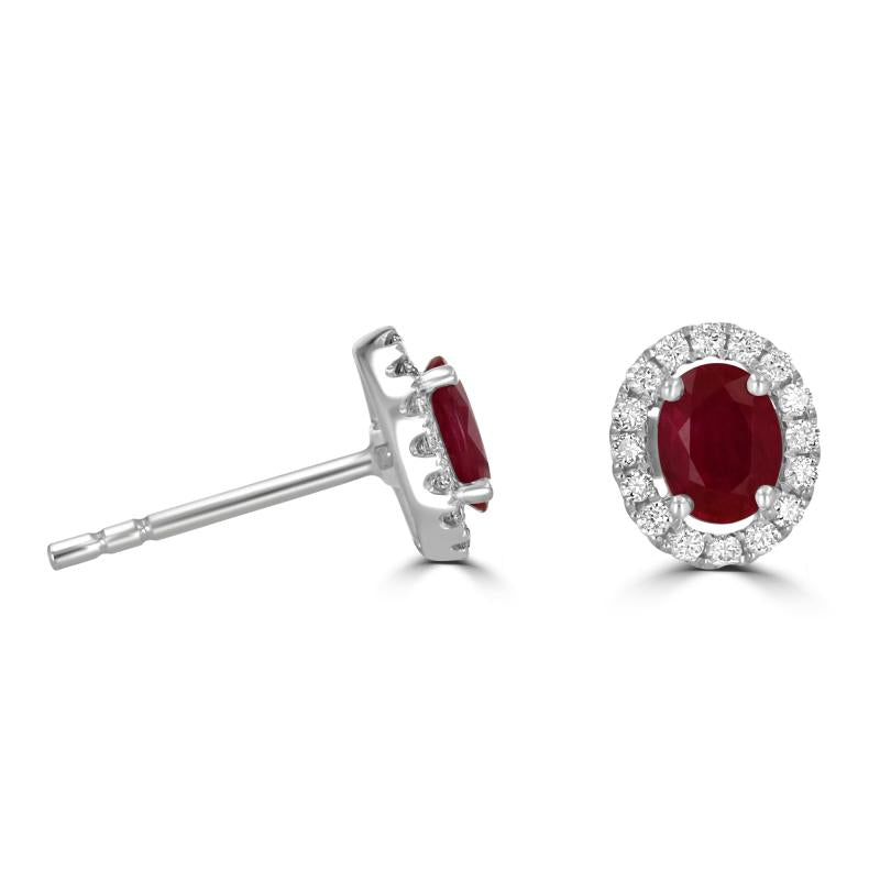 oval ruby and diamond halo stud earrings in 14K white gold