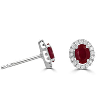 oval ruby and diamond halo stud earrings in 14K white gold