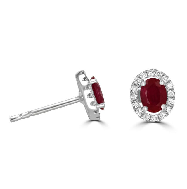oval ruby and diamond halo stud earrings in 14K white gold