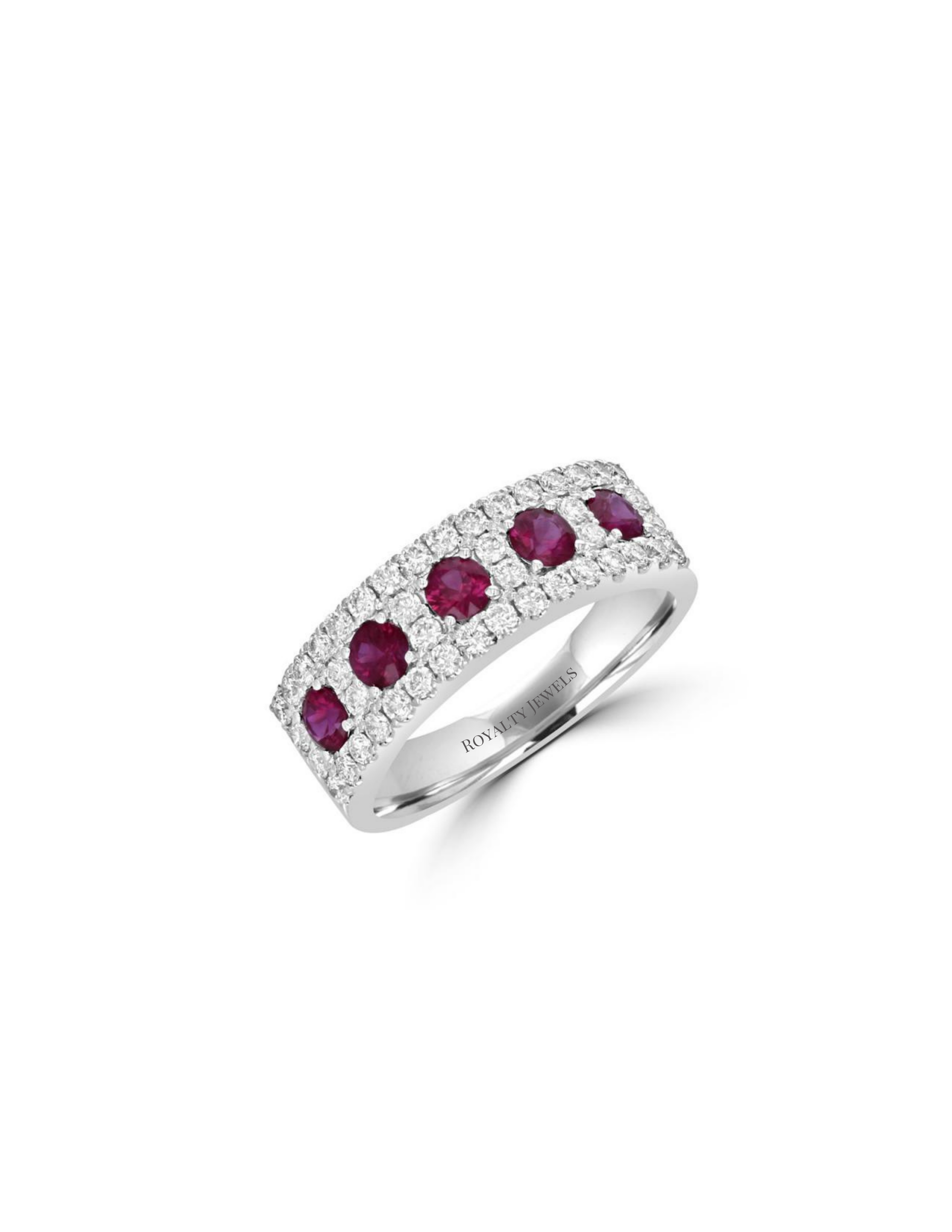 Five oval rubies alternating with round diamonds in a 14K white gold band ring.