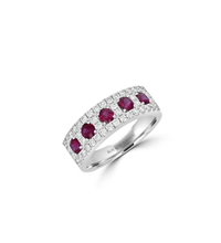 Five oval rubies alternating with round diamonds in a 14K white gold band ring.