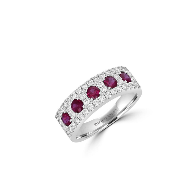 Five oval rubies alternating with round diamonds in a 14K white gold band ring.