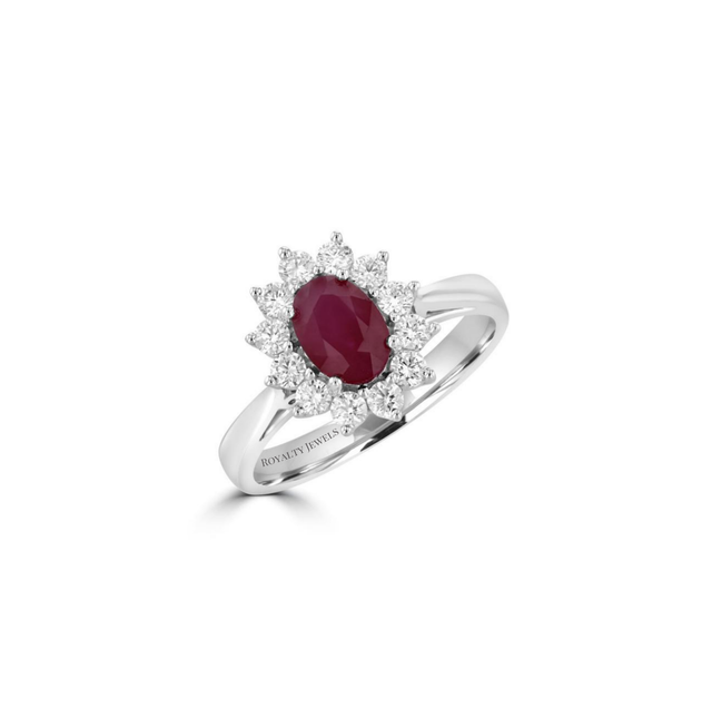 14K white gold oval ruby halo ring with diamond accents