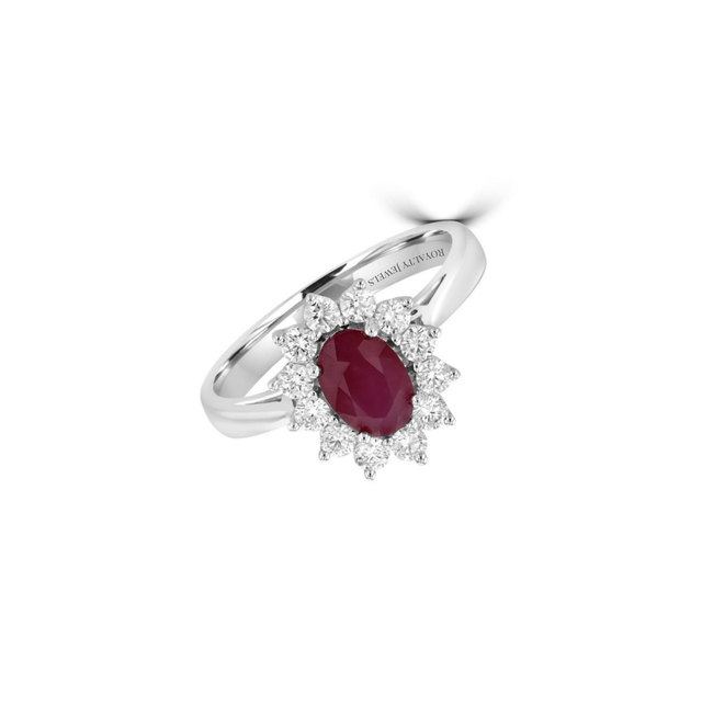 14K white gold oval ruby halo ring with diamond accents