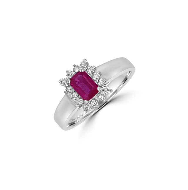 Emerald-cut ruby halo ring with round diamonds in 14K white gold

