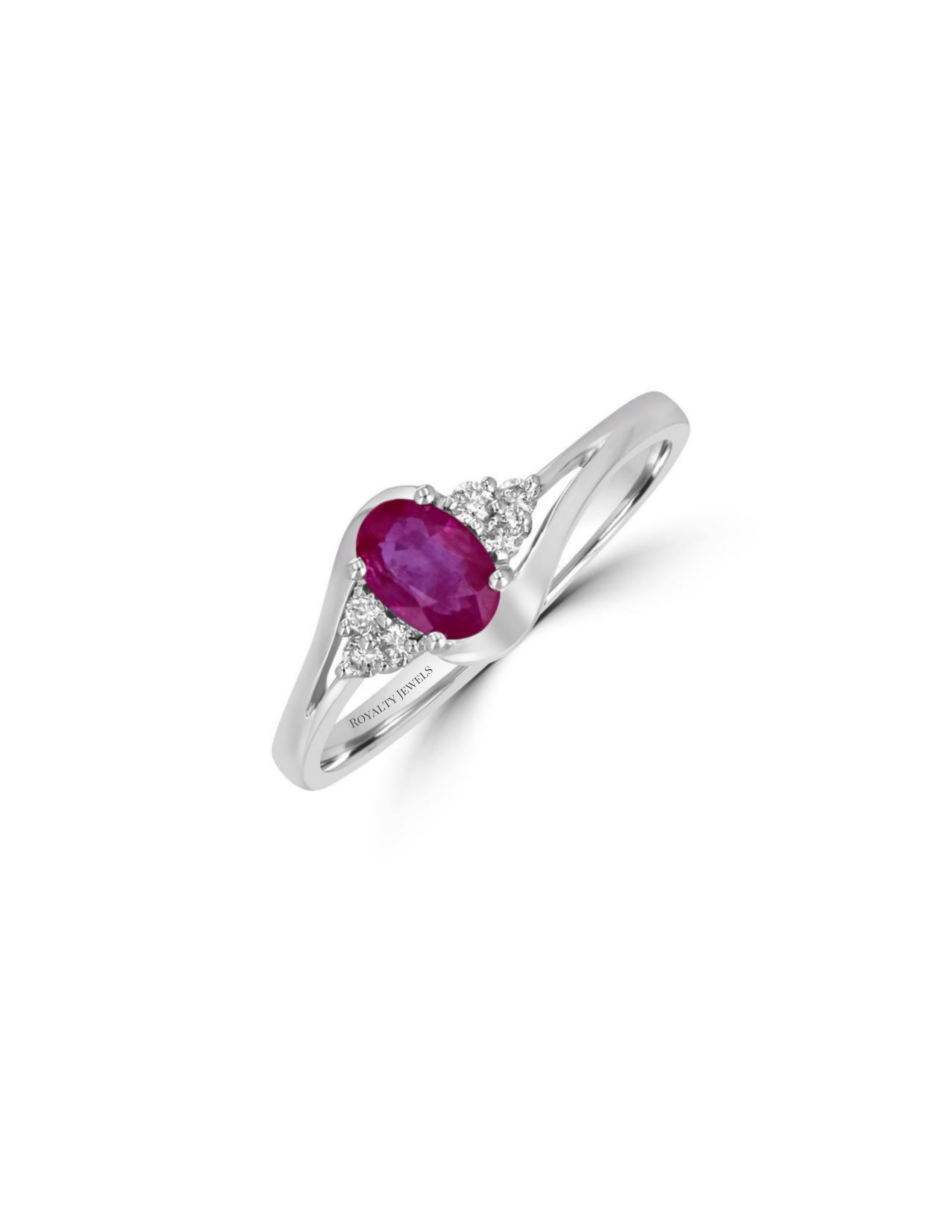 Elegant 14K white gold ring featuring a oval ruby flanked by three dazzling round diamonds on each side

