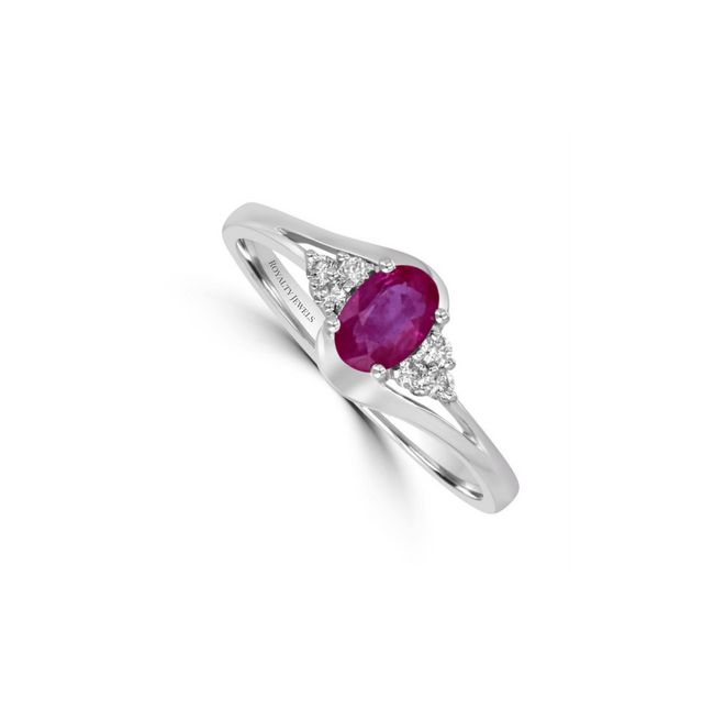 14K white gold ring with oval ruby center, diamond halo, and side diamonds

