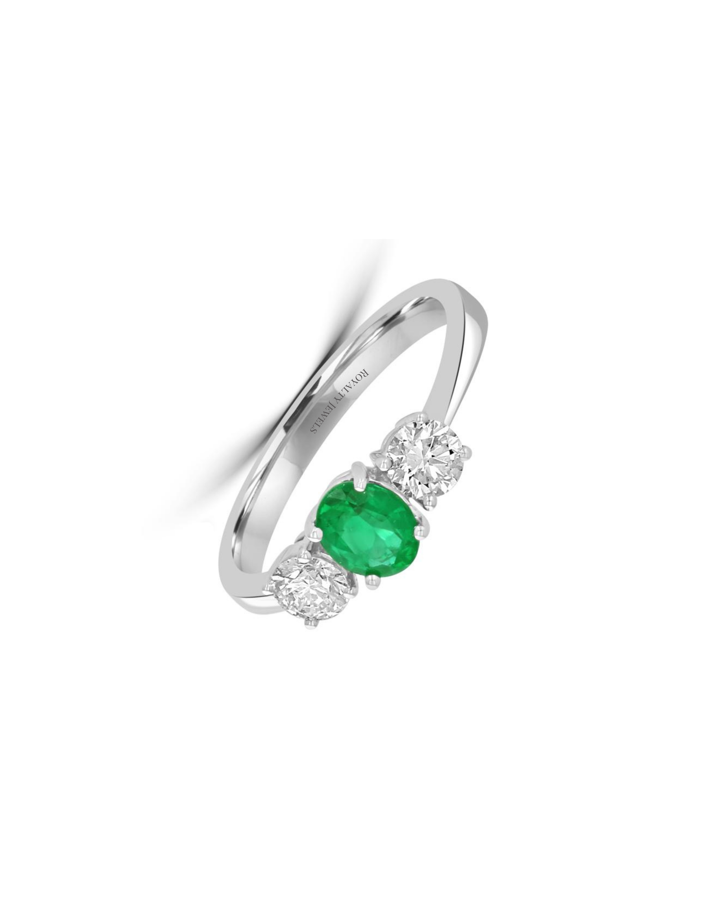 14K White Gold 1ct Oval Emerald & Diamond Three-Stone Ring
