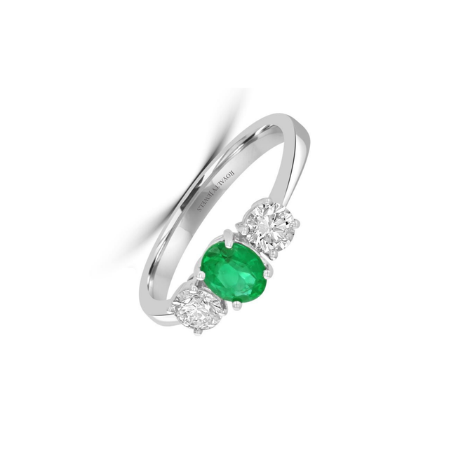 Luxury 14K white gold ring with oval emerald and two round diamonds