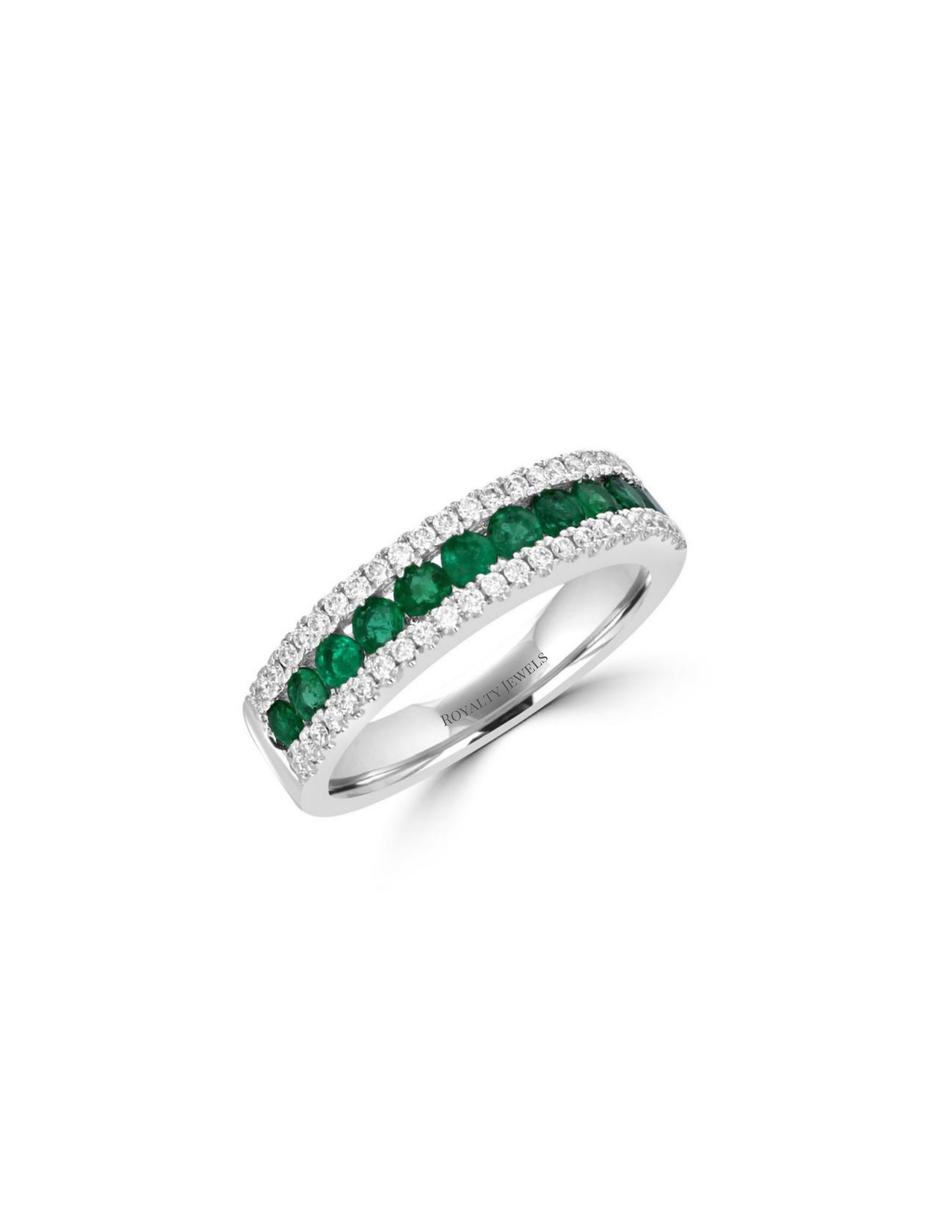 14K white gold band ring featuring alternating round emerald and diamond stones in a channel setting.

