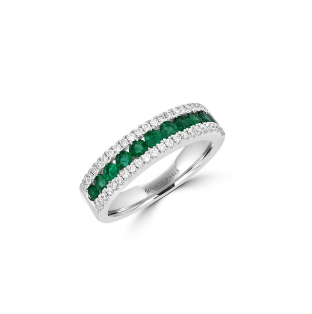 14K white gold band ring featuring alternating round emerald and diamond stones in a channel setting.

