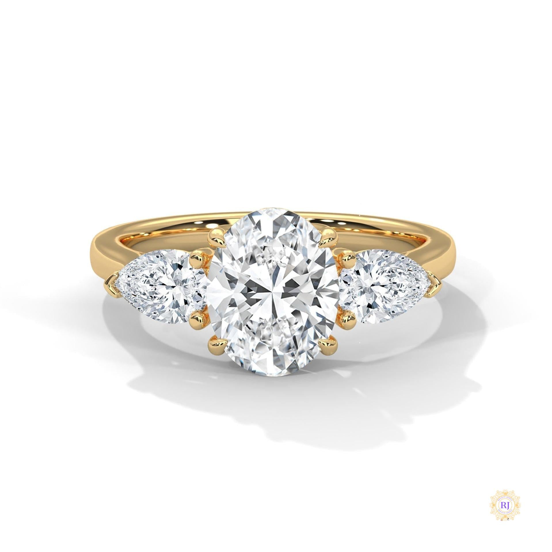 3 Ct. Oval Lab Diamond Ring – Three-Stone Pear Accents