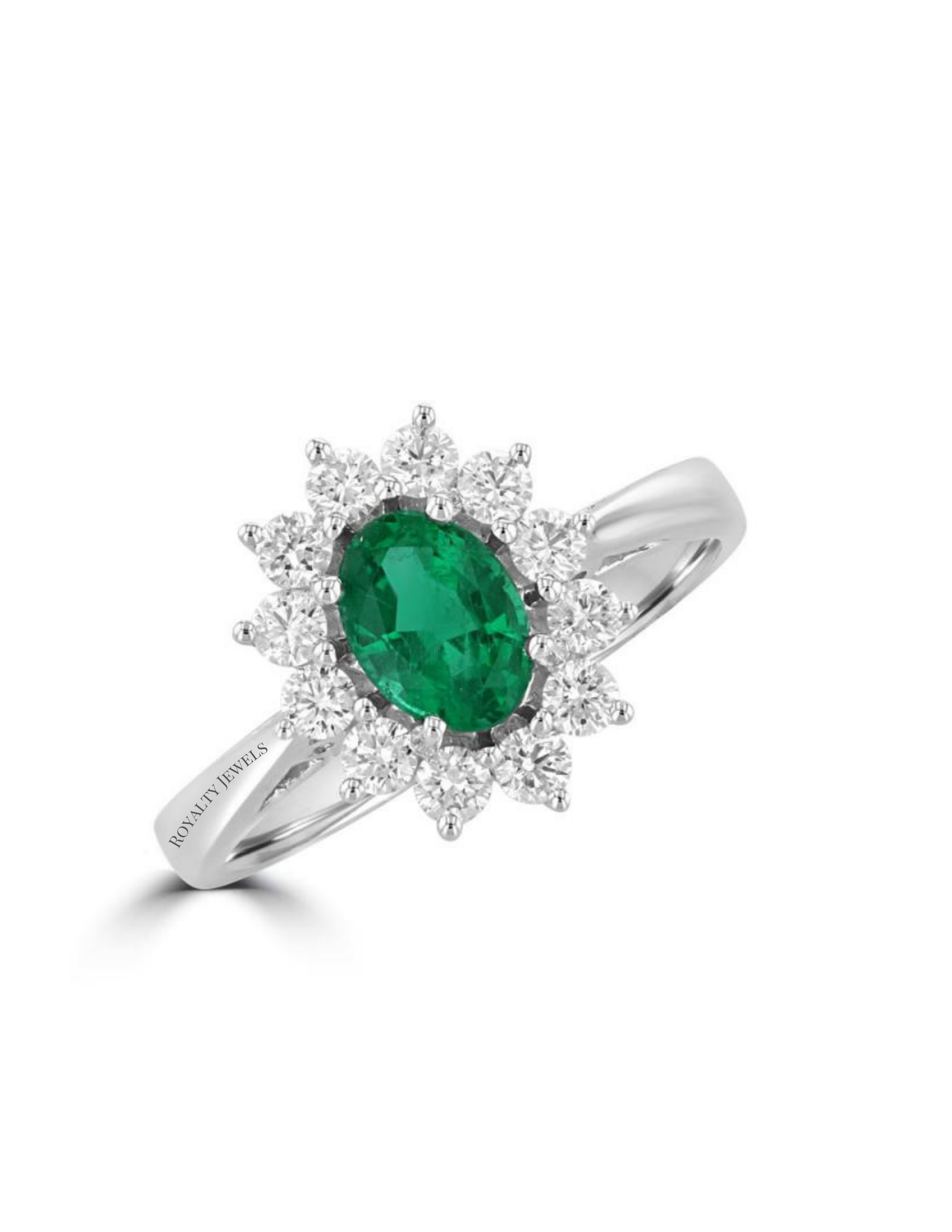 oval emerald ring surrounded by round diamonds in a 14K white gold halo setting