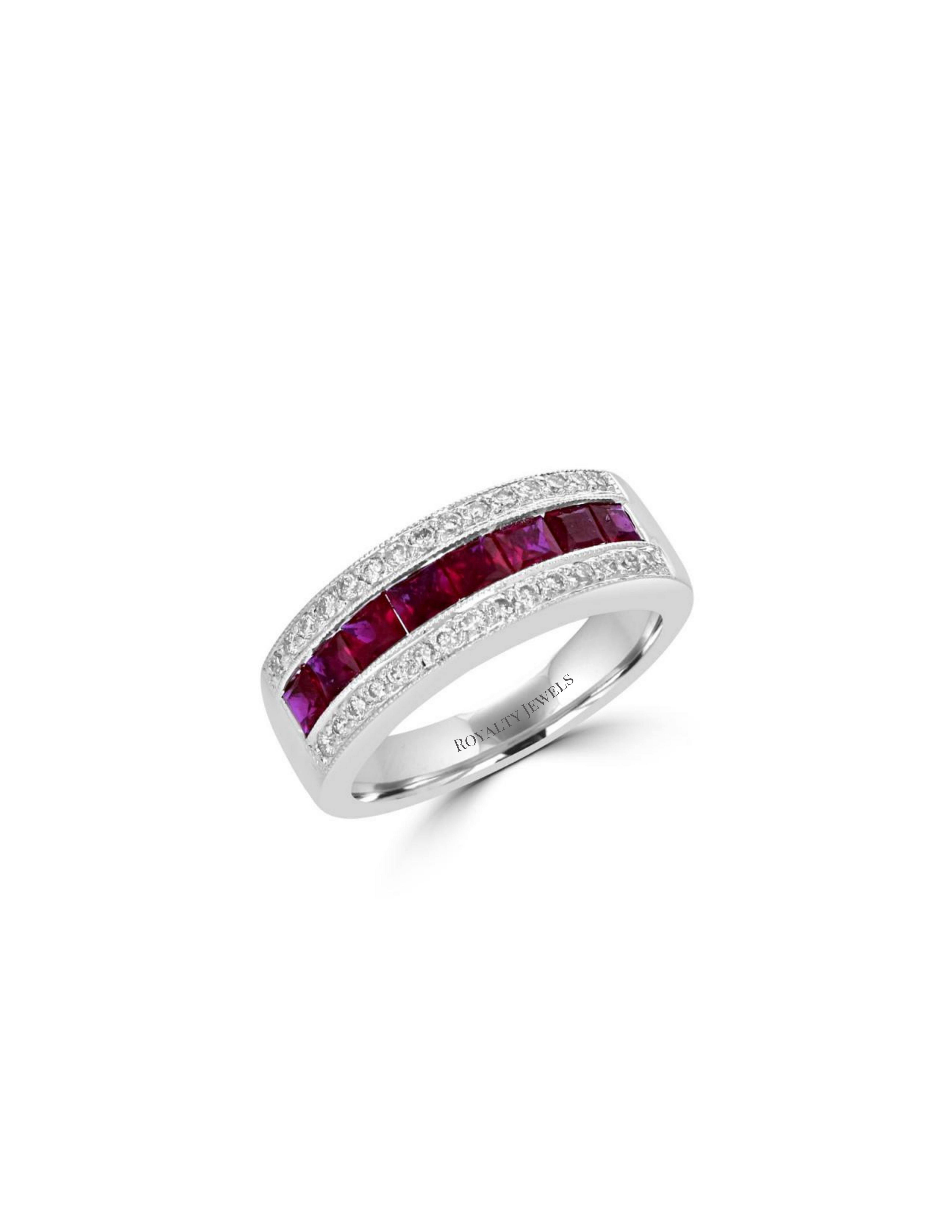 14K White Gold Square Ruby and Diamond Channel-Set Band Ring


