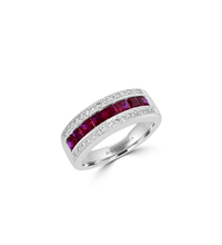 14K White Gold Square Ruby and Diamond Channel-Set Band Ring

