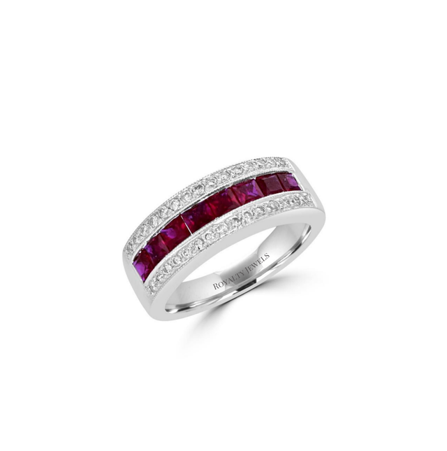 14K White Gold Square Ruby and Diamond Channel-Set Band Ring

