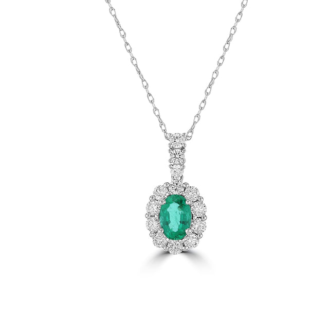 Luxury oval emerald pendant with diamond halo in 14K white gold

