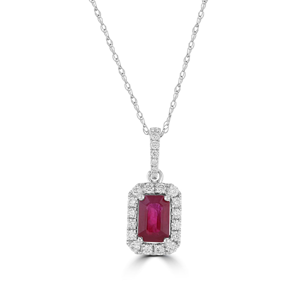 Emerald cut ruby pendant with diamond halo in 14K white gold